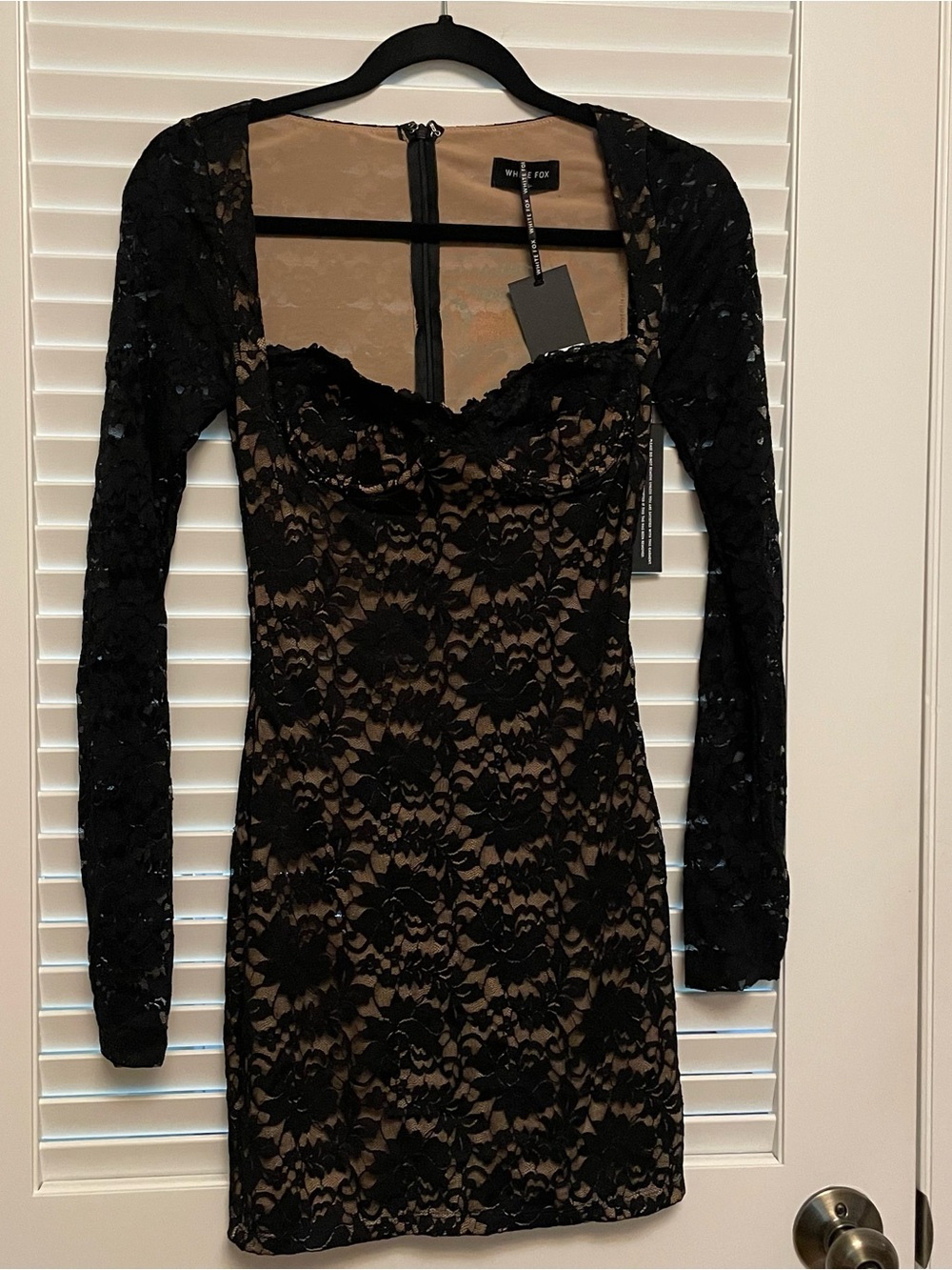 White Fox black lace mini dress with long sleeves 
Size: XS